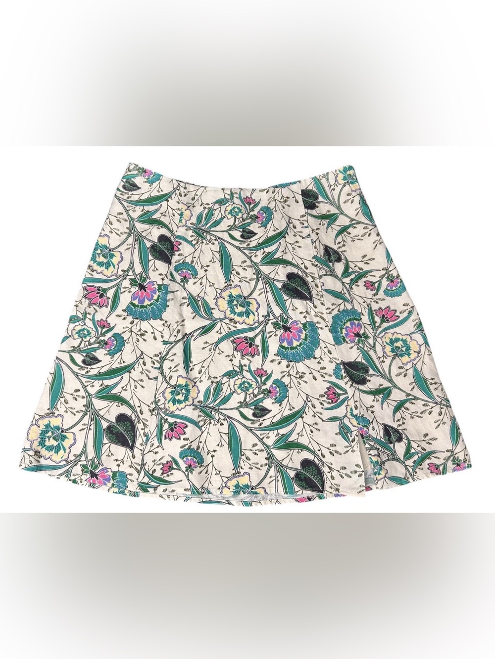 Loft Skirt Womens Size 4 Cream Blue Pink Floral Linen Blend A-Line Casual Flare